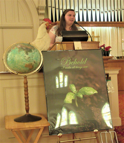 Almont native and MSU student Ashley Gibbs speaking about farming during our inagural 2019 Good Earth Day worship service focusing on agriculture and the backyard gardener