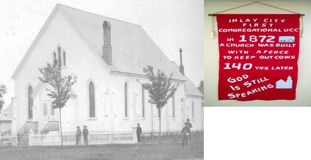 A church banner highlighting our history and a historical photo of First Congregational Church showing a fence outside the congregation years ago to keep cows from grazing too close to the sanctuary